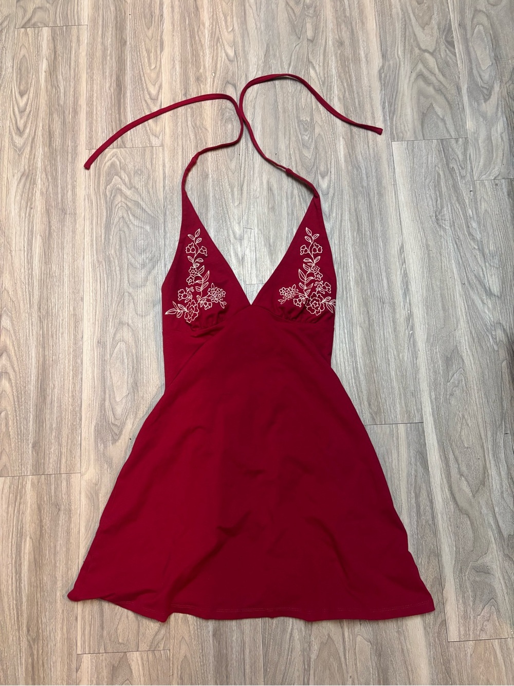 Women’s Halter V-Neck Embroidered Red Dress